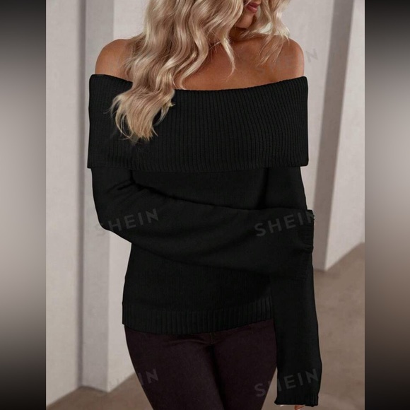 Off Shoulder Foldover Ribbed Knit Sweater - Picture 3 of 8